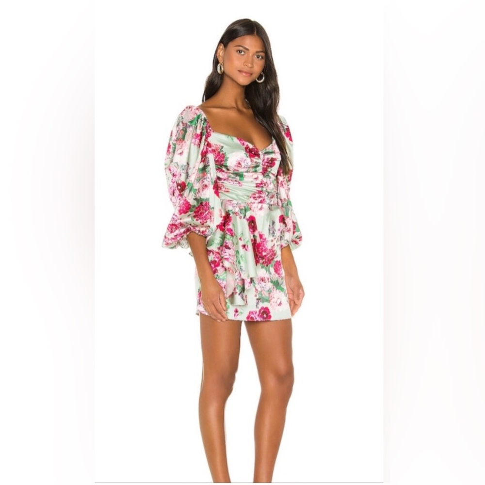 For LOVE & LEMONS NWOT Floral Ruched Bodice Ruffle Mini Dress Long Sleeves